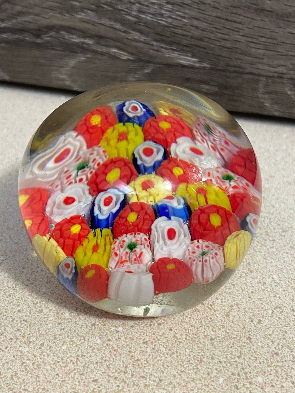 Vintage Paperweight Millefiori Floral Art Glass Clear Red Blue White Yellow 2”